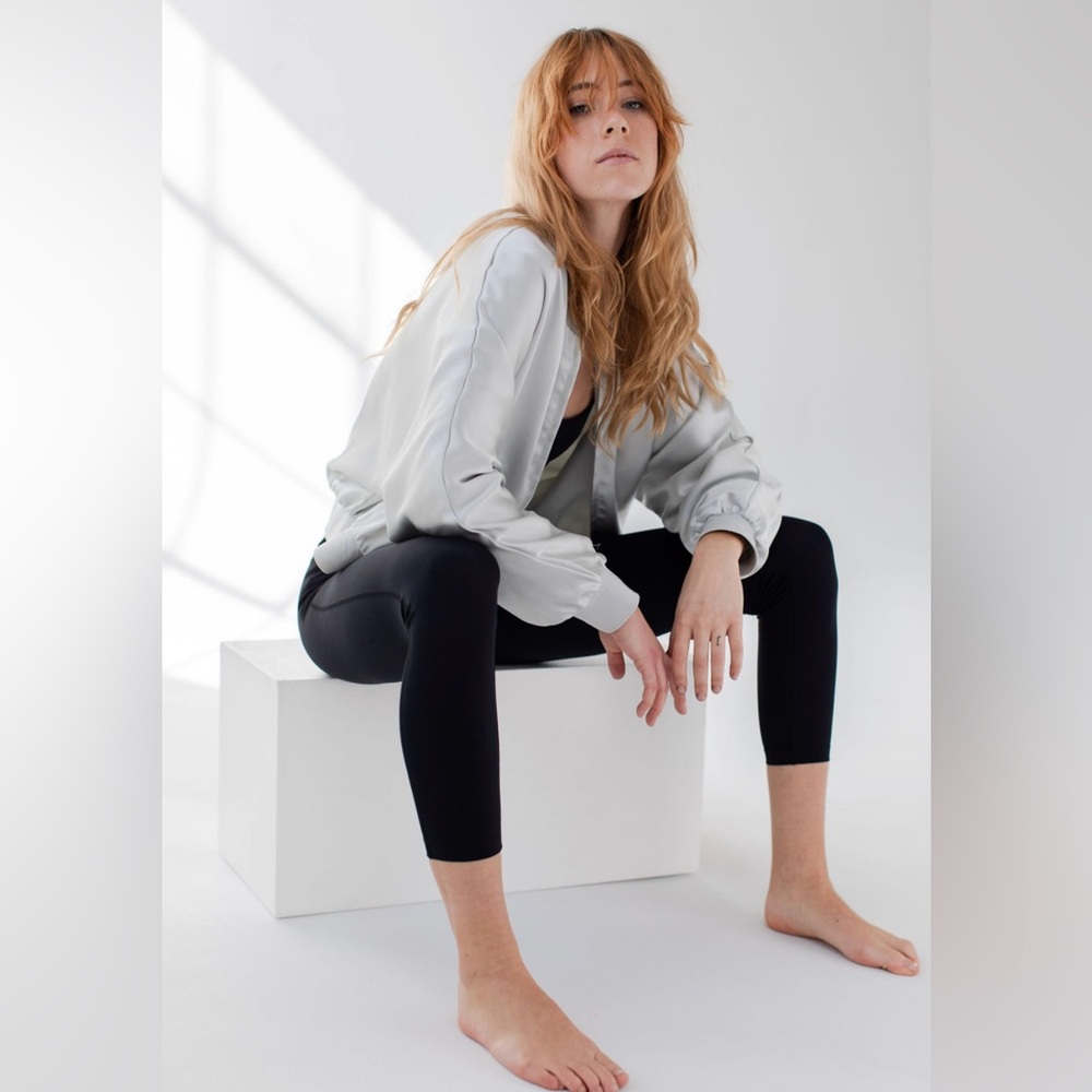 Savvi Lucy Satin Bomber Jacket in Silver - Picture 3 of 12